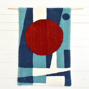 Handmade Tufted Modernist MCM Wall Rug Hanging Red Circle Adrift, Free Shipping to the Continental US