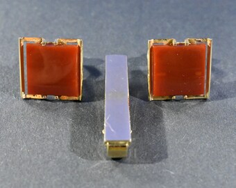 Vintage Modernist Anson Gold-tone and Carnelian Cuff Links and Tie Bar Set, Free Shipping