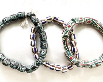Vintage Mixed African Fancy Krobo Glass Trade Beads, 3 Hanks, Free Shipping