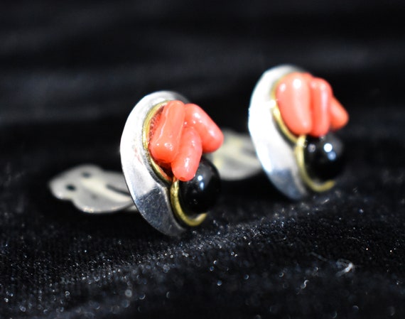 Vintage Signed Sterling Silver, Coral and Onyx Cl… - image 2
