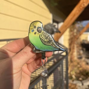 Acrylic Budgie Parakeet Badge Reel ID holder: Gift for Bird Lovers, nurses, vet techs, veterinarians, Teachers cute animal badge buddy