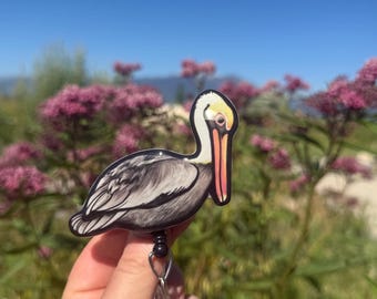 Brown Pelican Badge Reel ID holder: Gift for Nurses, Bird Watcher lovers, vet techs, veterinarians, Teachers cute acrylic animal badge buddy