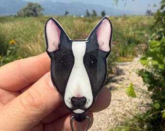 Bull Terrier Dog Badge Reel ID holder: Gift for Nurses, animal lovers, vet techs, Teachers, cute acrylic badge buddy non Ai Art