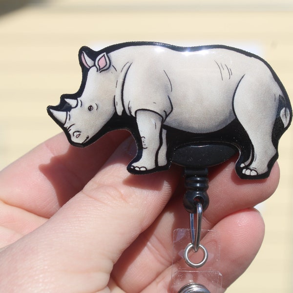 Rhino Badge Reel ID holder: Gift for Rhinocerous lovers, nurses, vet techs, veterinarians, zookeepers loss memorial animal badge reels