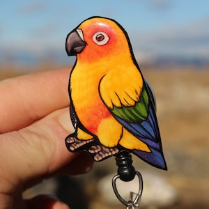 Sun conure Badge reel ID holder: Gift for Sun conure lovers, nurses, vet techs, veterinarians, zookeepers bird animal badge reels