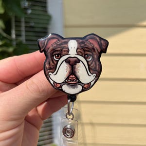 Dog Badge Reels Bulldog ID holder: Retractable Gift for Dog Lover, Nurse, Vet tech, Veterinarian, Teacher Animal Loss Memorial Badge Buddy