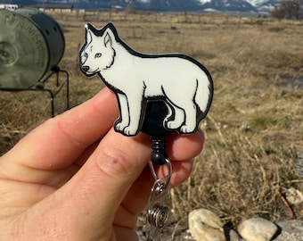 White Wolf Animal Badge Reel ID holder: Gift for Nurses, animal lovers, vet techs, Teachers, cute acrylic badge buddy non Ai Art