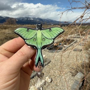 Luna Moth Badge Reel ID holder: Gift for Butterfly Lovers, nurses, vet techs, veterinarians, Teachers cute acrylic animal badge buddy