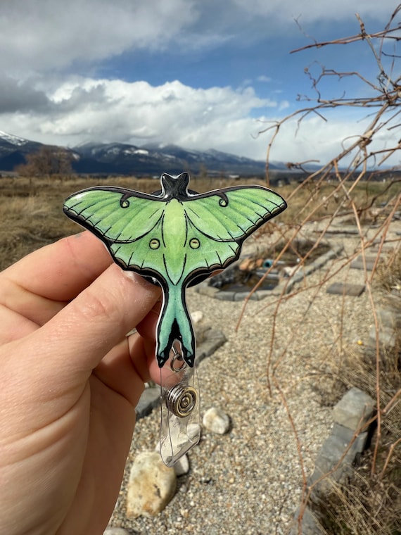 Luna Moth Badge Reel ID holder: Gift for Butterfly Lovers, nurses, vet techs, veterinarians, Teachers cute acrylic animal badge buddy