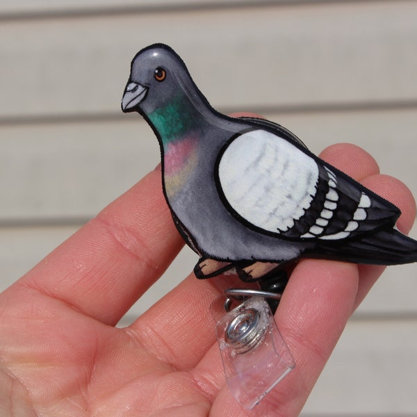 Pigeon Badge Reel Id holder retractable gift for nurses, vet techs, zookeepers, bird lovers or pigeon loss memorial bird animal badge reels