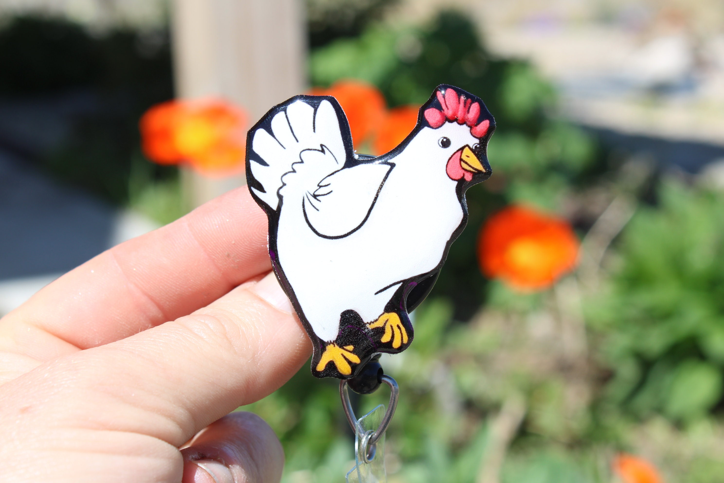 White Chicken Badge Reel ID Holder: Gift for Farm Bird Lovers, Vet