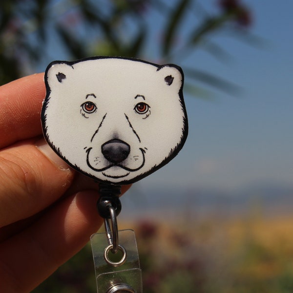 Polar Bear Badge Reel ID holder: Bear lovers Gift for Nurses, vet techs, zookeepers, veterinarians cute animal badge reels