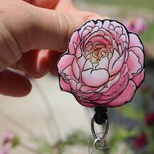 Peony Flower Badge Reel ID holder: retractable gift for pink flower lovers, doctors nurses, gardeners  floral flower badge reel