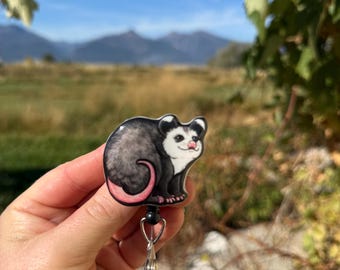 Opposum Possum Badge Reel ID holder: Gift for Animal Lovers, nurses, vet techs, veterinarians, Teachers cute acrylic animal badge buddy