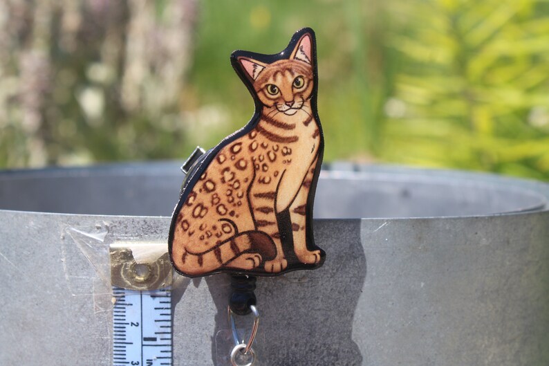May include: A brown and black wooden cat charm with a black retractable badge reel. The cat is sitting with its tail curled around its legs. The charm is attached to a silver metal chain.