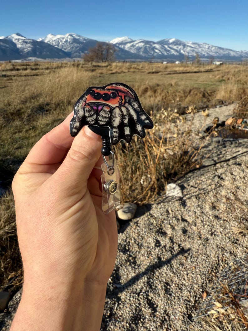May include: A colorful spider badge reel with a black retractable cord and a clear plastic clip. The spider has a detailed design with orange, pink, and black accents. The background shows a scenic view of mountains and a field.