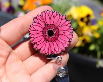 Pink Daisy Flower Badge Reel: Gift for flower lovers garden workers Nurse CNA HCA plant lovers Flower Badge reels