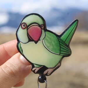 Ringneck Parakeet Badge Reel ID holder: Gift for Bird lover, nurse, vet tech, veterinarian, teacher, zookeeper animal badge reels