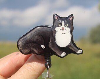 Tuxedo Cat Badge Reel ID holder: Gift for white kitty lover, vet tech, veterinarian, teacher animal badge reels