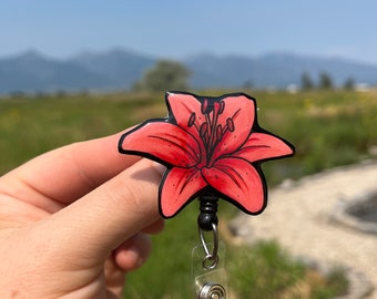 Flower Badge Reel Red Lily ID Holder: gift for gardeners, Nurses, Flower Lovers, Zookeepers, teachers cute floral Badge buddy