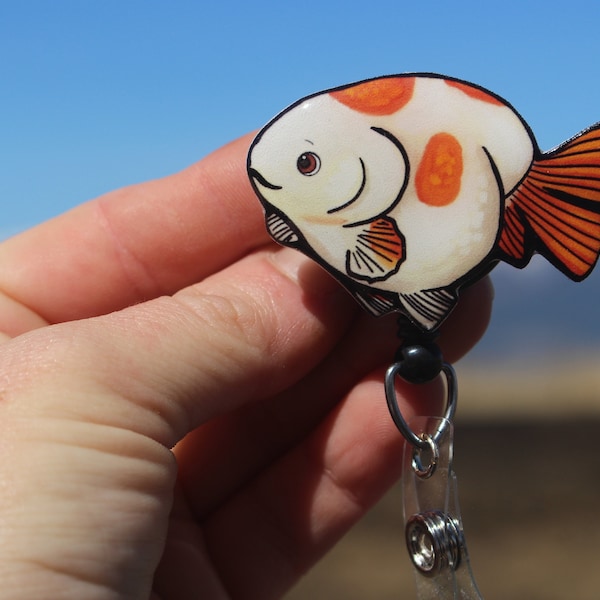 Goldfish Badge Reel id holder: Gift for Ranchu fancy goldfish lovers, nurses, vet techs, veterinarians, zookeeper, teacher animal badge reel