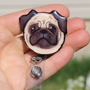 Pug Dog Badge Reel Id holder: Retractable Gift for nurses, vet techs, veterinarians, teachers, dog lovers dog animal badge reels