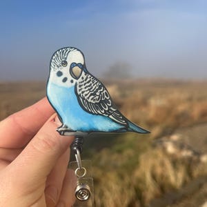 Acrylic Budgie Parakeet Badge Reel ID holder: Gift for Bird Lovers, nurses, vet techs, veterinarians, Teachers cute animal badge buddy