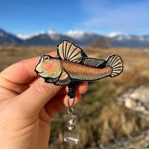 May include: A colorful, cartoonish fish-shaped badge reel. The fish has a brown body, a beige dorsal fin, and a smiling face with pink cheeks. The badge reel has a black cord and a clear plastic clip.