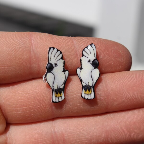 Cockatoo Earrings: Stainless steel posts for sensitive ears Great gift for Umbrella cockatoo lover bird loss memorial