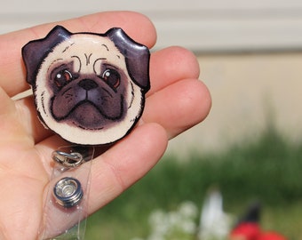 Pug Dog Badge Reel Id holder: Retractable Gift for nurses, vet techs, veterinarians, teachers, dog lovers dog animal badge reels