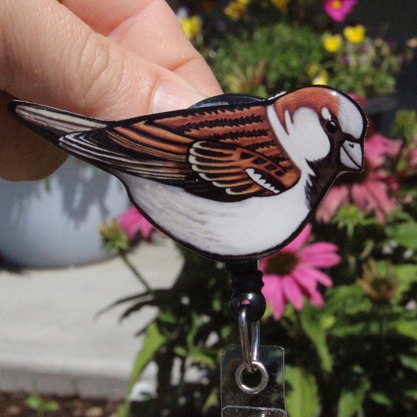 Sparrow Badge Reel ID holder: Gift for Nurses, zookeepers, vet techs, veterinarian bird lovers loss memorial Bird animal badge reels