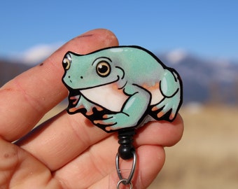 Whites Dumpy tree frog badge reel id holder: gift for frog lovers, nurses, vet techs, veterinarians frog loss frog animal badge reels