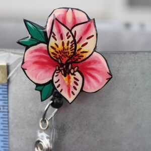 Alstroemeria Peruvian Lily of the Inca Retractable ID Badge holder for prepunch badges 33 inch cord Nurse Flower lover gift image 2