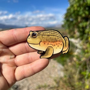 May include: A hand-painted, cartoon-style frog sticker with brown, yellow, and orange colors. The frog has a textured, bumpy back and is looking to the right.