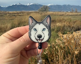 Husky Badge Reel ID holder: Gift for Malamute Dog Lovers, nurses, vet techs, veterinarians, Teachers cute acrylic animal badge buddy