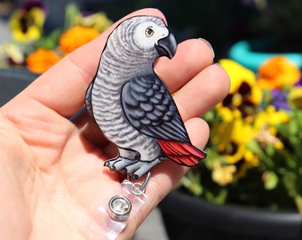 African Gray Grey Parrot Badge Reel: ID holder Parrot lovers Gift for Nurses HCA's CNA's Houskeepers or veterinarian's
