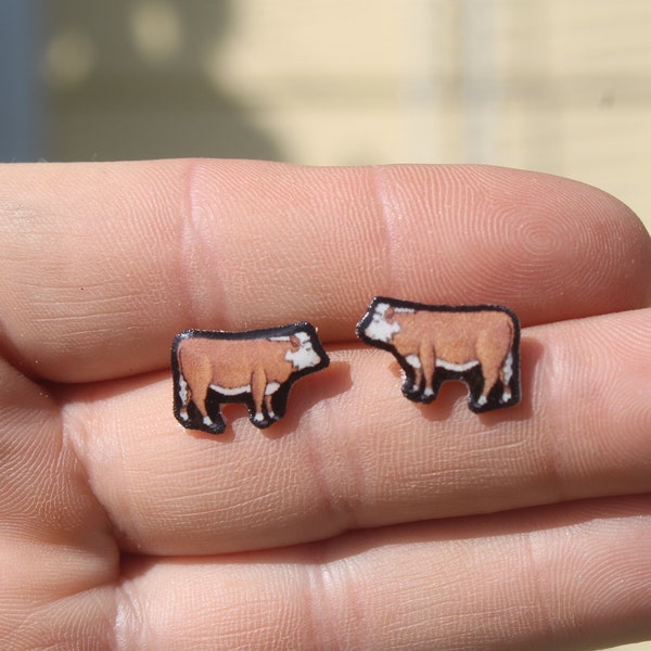 Mini Hereford Stud Earrings: Gift for animal lovers, vet techs, veterinarians, zookeeper's cute earrings with Stainless Steel Posts