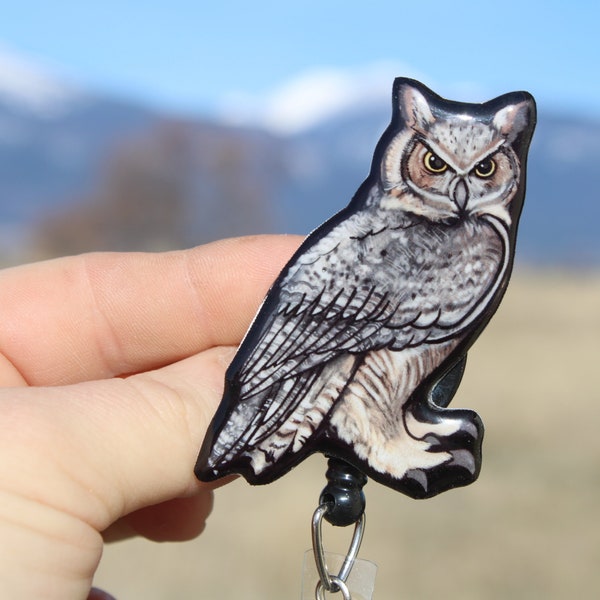 Great Horned Owl Badge Reel ID Holder: Gift for bird lovers, nurses, vet techs, veterinarians, zookeepers, medical workers animal badge reel