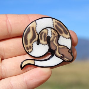 May include: A white, brown, and black snake pin with a curled up design. The snake has a white belly and brown and black markings on its back.