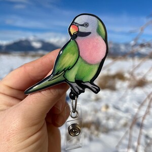 Parakeet Bird Badge Reel ID holder: Gift for Nurses Mustache parrot lover, vet techs, veterinarian, Teachers cute acrylic animal badge buddy