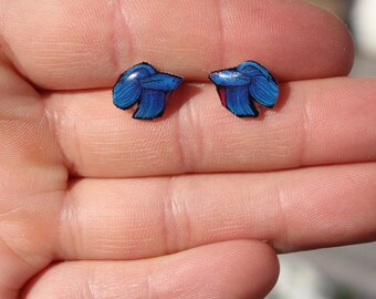 Blue Betta Earrings : Stainless steel posts for sensitive ears Great gift for Blue Betta lovers or Betta loss memorial
