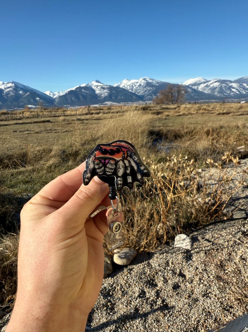 May include: A badge reel featuring a colorful spider design with orange, pink, and black accents. The badge reel has a clear plastic holder and a retractable cord. The background shows a scenic view of mountains and a blue sky.