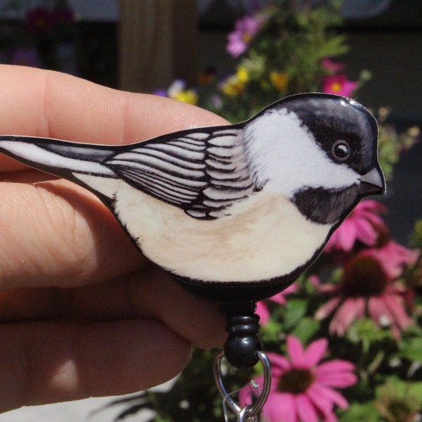 Chickadee Badge Reel ID holder: Gift for Nurses, zookeepers, vet techs, veterinarian bird lovers loss memorial Bird animal badge reels