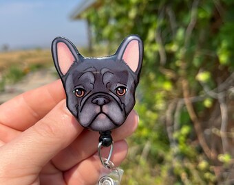 Dog Badge Reels Black French Bulldog ID holder Gift for Nurses, Dog Lovers, vet techs, veterinarians, Teachers animal loss badge buddy