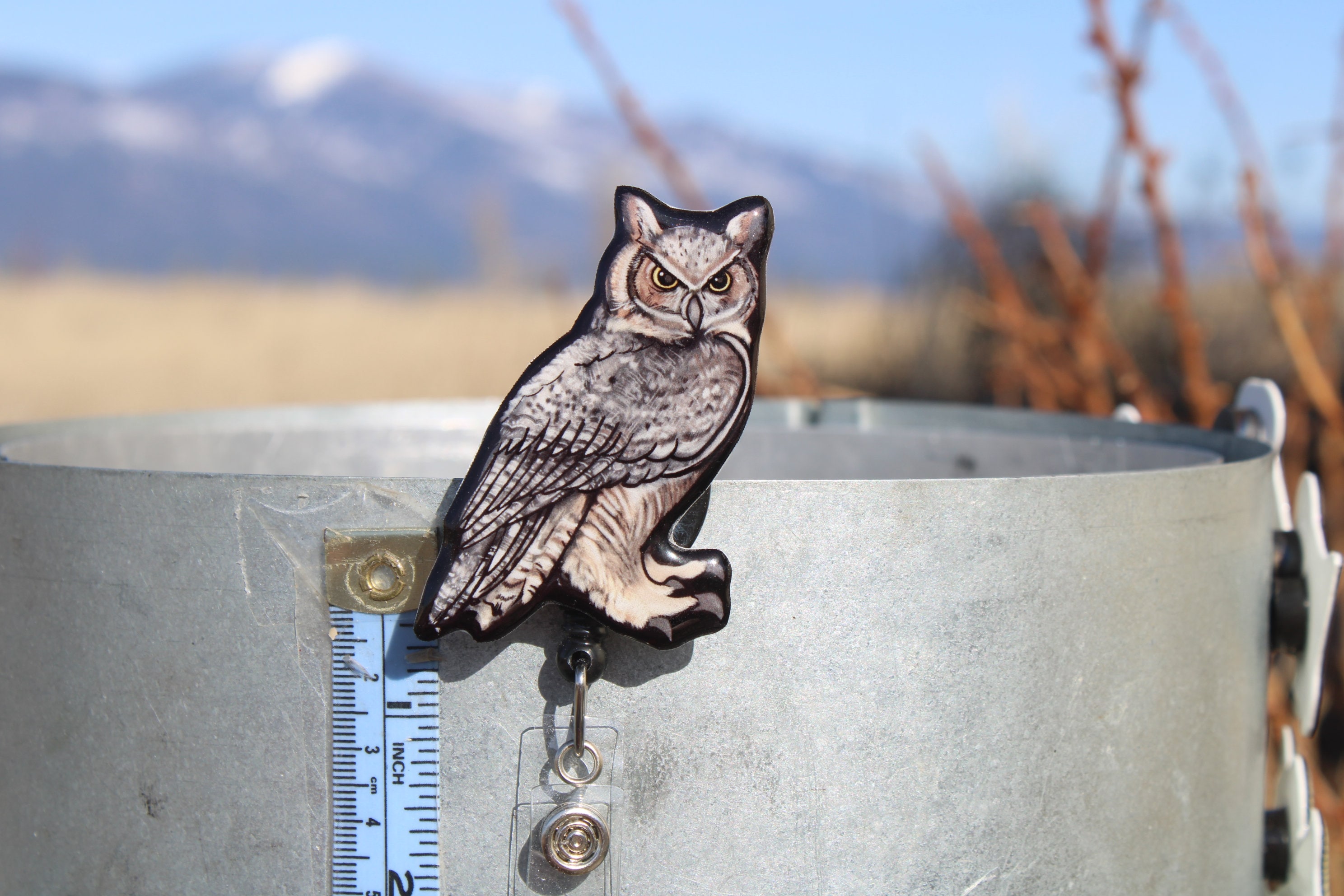 Great Horned Owl Painting Retractable Reel Chrome Badge ID Card Holder Clip 