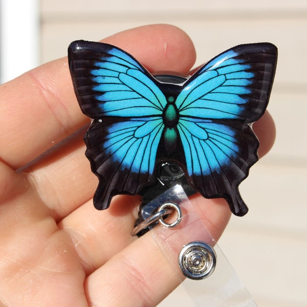 Blue Butterfly Badge Reel Id Holder: Gift for nurses, Vet Tech, Veterinarians, CNA HCA Butterfly lover gift Animal Badge Reels