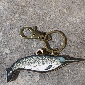 Wood Narwhale Keychain: Gift for Ocean Whale lovers, vet techs, veterinarians, and zookeepers cute animal keyring art