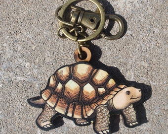 Wood Sulcata Tortoise Keychain: Gift for Turtle  animal lovers, vet techs, veterinarians, and zookeepers cute animal keyring art