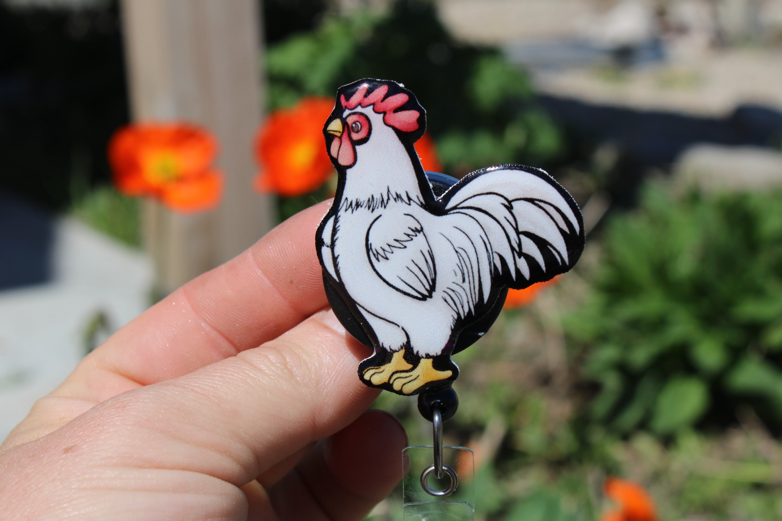 White Rooster Chicken Badge Reel ID Holder: Gift for Farm Bird