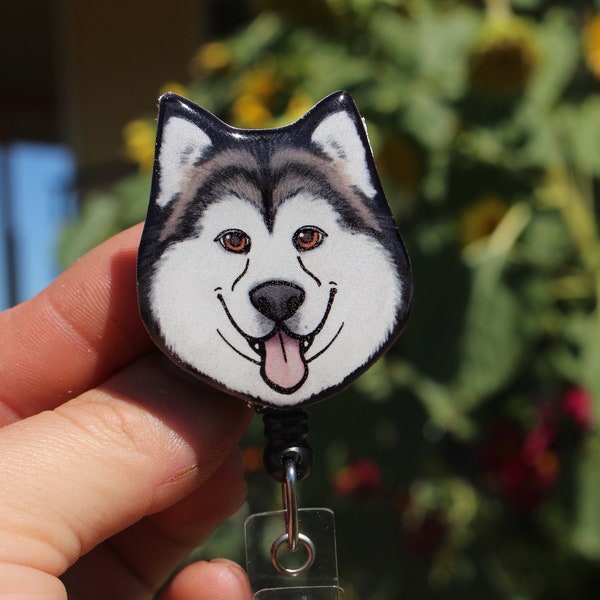 Malamute Husky Badge Reel ID holder: Gift for Dog lovers, vet techs, veterinarians, zookeepers, cute animal badge reels for Medical Workers